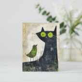 Zwarte kat met groene vogel op de rug briefkaart (Staand voorkant)
