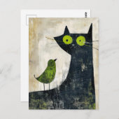 Zwarte kat met groene vogel op de rug briefkaart (Voorkant / Achterkant)
