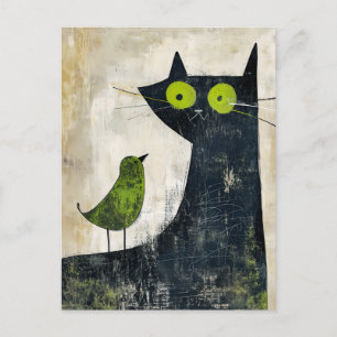 Zwarte kat met groene vogel op de rug briefkaart
