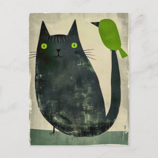 Zwarte kat met groene vogel op staart briefkaart