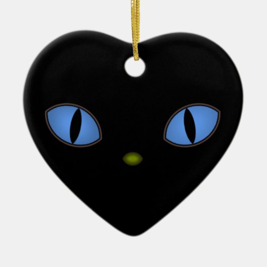 Zwarte kat met grote blauwe ogen keramisch ornament (Voorkant)