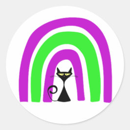 Zwarte kat met halloween gekleurde regenboog ronde sticker