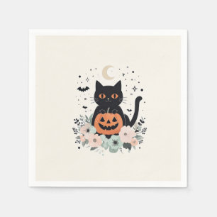 Zwarte kat met Halloween, Maan & Pompoen Servet