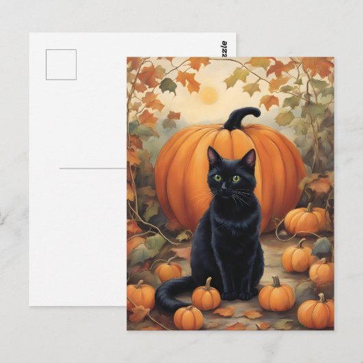 Zwarte kat met Halloween pompoen Briefkaart (Voorkant / Achterkant)
