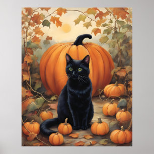 Zwarte kat met Halloween pompoen Poster