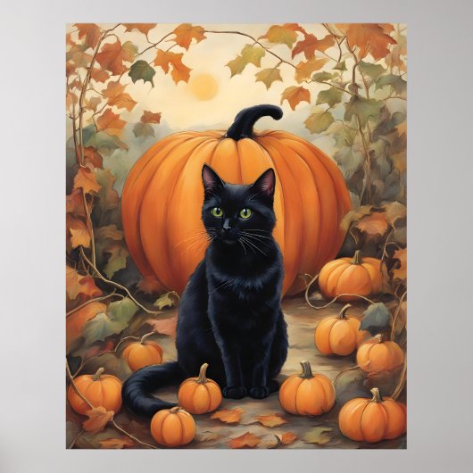 Zwarte kat met Halloween pompoen Poster (Voorkant)
