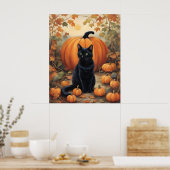 Zwarte kat met Halloween pompoen Poster (Keuken)