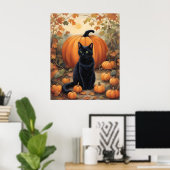 Zwarte kat met Halloween pompoen Poster (Thuiskantoor)
