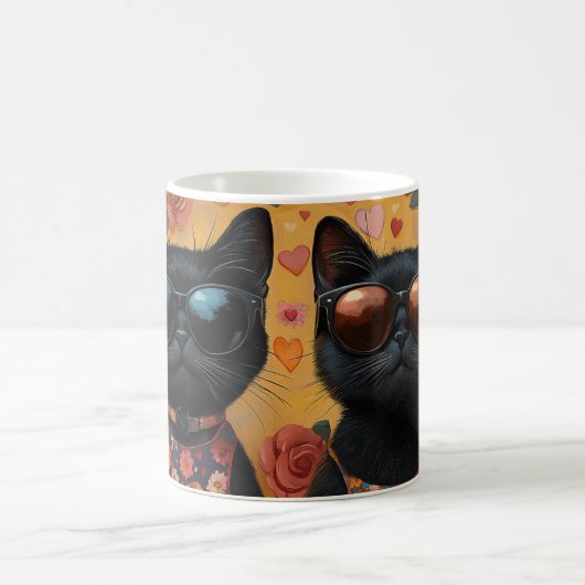 Zwarte kat met hart Rozen Valentijnsdag Koffiemok (Center)