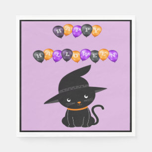 Zwarte kat met heks Pet Happy Halloween ballonnen Servet