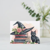 Zwarte Kat Met Heksenhoed en Boeken Briefkaart (Staand voorkant)