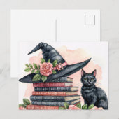 Zwarte Kat Met Heksenhoed en Boeken Briefkaart (Voorkant / Achterkant)