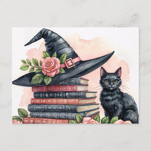 Zwarte Kat Met Heksenhoed en Boeken Briefkaart (Voorkant)