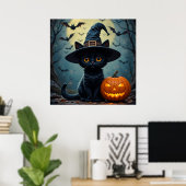 Zwarte Kat met Heksenhoed Halloween Poster (Thuiskantoor)