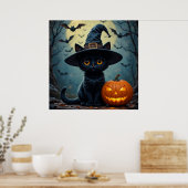 Zwarte Kat met Heksenhoed Halloween Poster (Keuken)