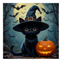 Zwarte Kat met Heksenhoed Halloween