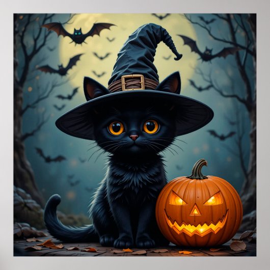 Zwarte Kat met Heksenhoed Halloween Poster (Voorkant)