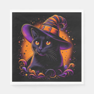 Zwarte Kat met Heksenhoed Halloween Servetten