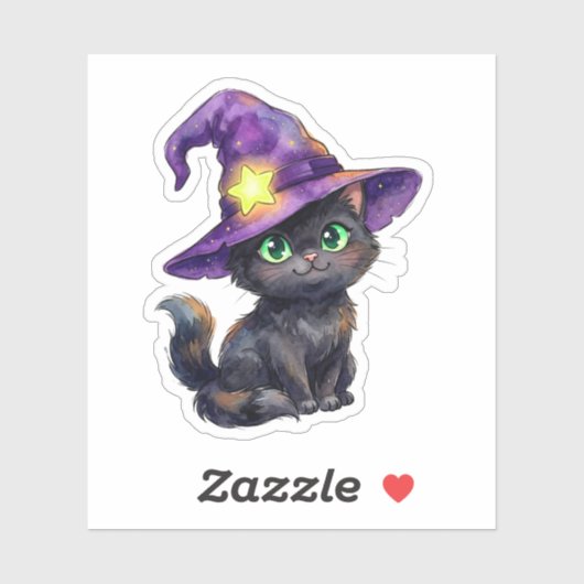 Zwarte kat met heksenhoed Halloween sticker (Vel)