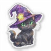 Zwarte kat met heksenhoed Halloween sticker (Voorkant)