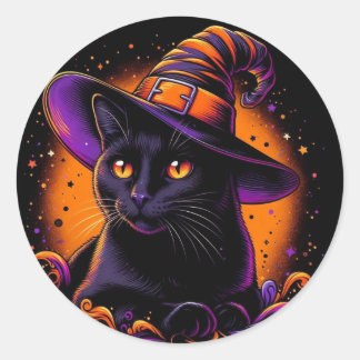 Zwarte Kat met Heksenhoed Halloween Stickers