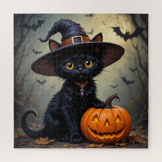Zwarte Kat met Heksenhoed Legpuzzel (Verticaal)