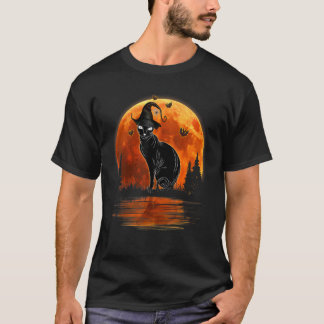 Zwarte Kat Met Heksenhoed & Maan Halloween Kostuum T-shirt