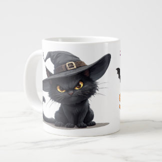 Zwarte Kat Met Heksenhoed Met Halloween Magie Grote Koffiekop