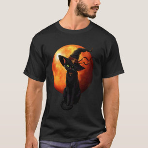 Zwarte Kat met Heksenhoed Volle Maan Halloween T-shirt