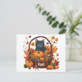 Zwarte kat met Herfst oogstmand Briefkaart (Staand voorkant)