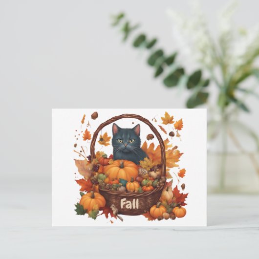 Zwarte kat met Herfst oogstmand Briefkaart (Staand voorkant)