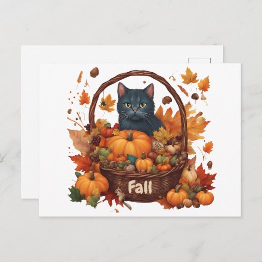 Zwarte kat met Herfst oogstmand Briefkaart (Voorkant / Achterkant)