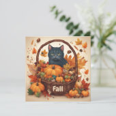 Zwarte kat met herfst oogstmand bruin feestdagenkaart (Staand voorkant)