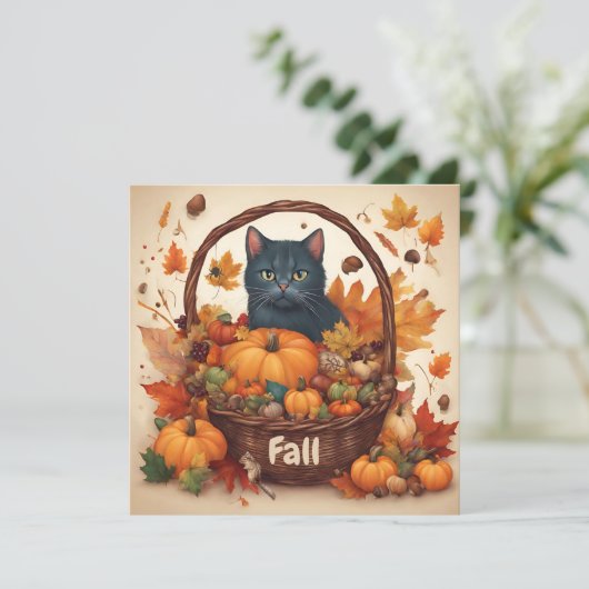 Zwarte kat met herfst oogstmand bruin feestdagenkaart (Staand voorkant)