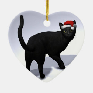 Zwarte Kat met het Pet van de Kerstman Keramisch Ornament