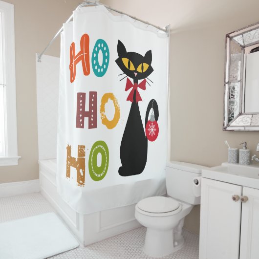 Zwarte kat met Ho Ho Ho-tekstontwerp Douchegordijn (In situ)