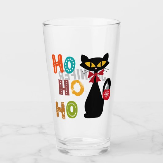 Zwarte kat met Ho Ho Ho-tekstontwerp Glas (Voorkant)