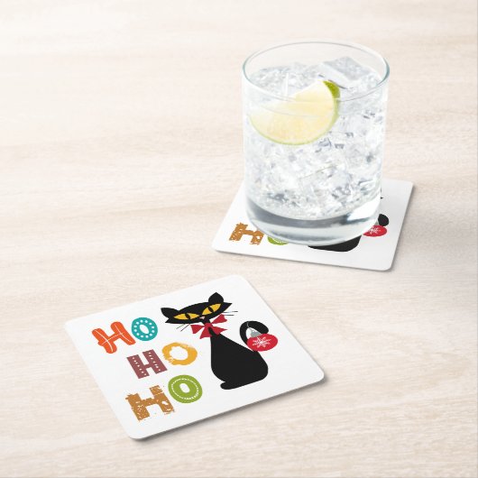 Zwarte kat met Ho Ho Ho-tekstontwerp Kartonnen Onderzetters (Insitu)