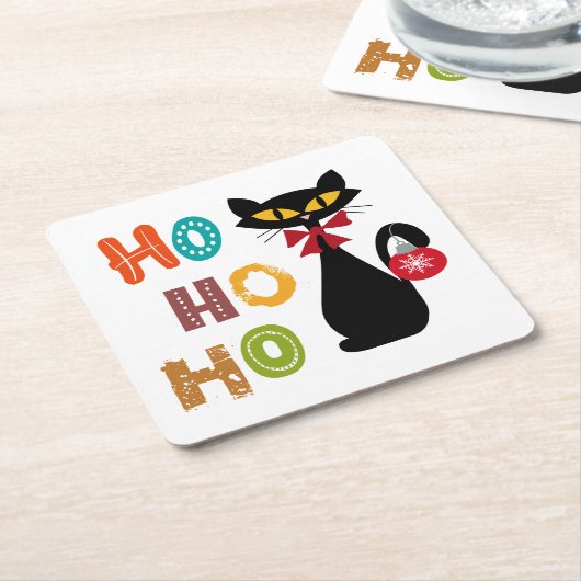 Zwarte kat met Ho Ho Ho-tekstontwerp Kartonnen Onderzetters (Schuin)