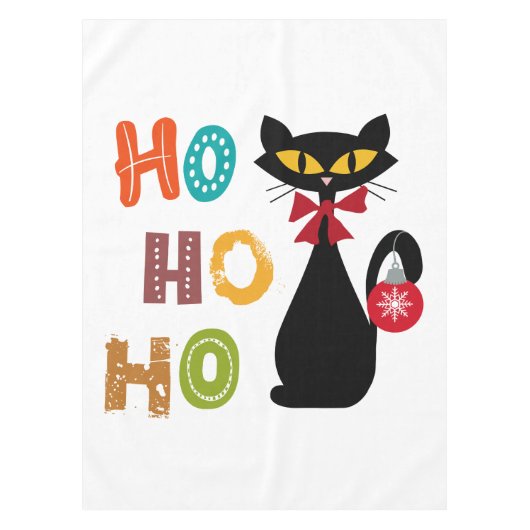 Zwarte kat met Ho Ho Ho-tekstontwerp Tafelkleed (Voorkant)