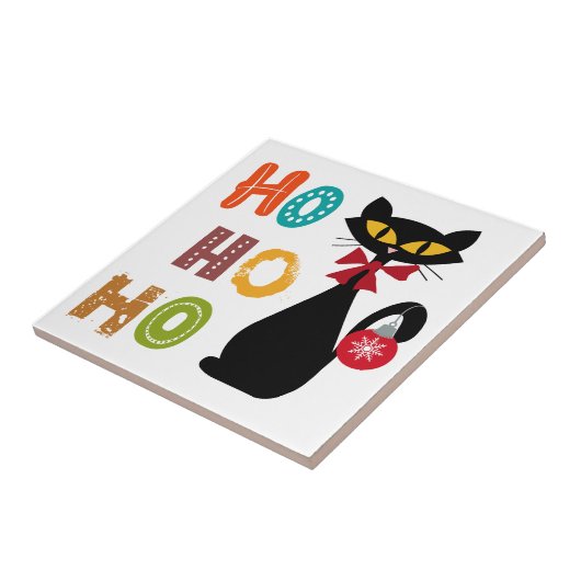 Zwarte kat met Ho Ho Ho-tekstontwerp Tegeltje (Zijkant)