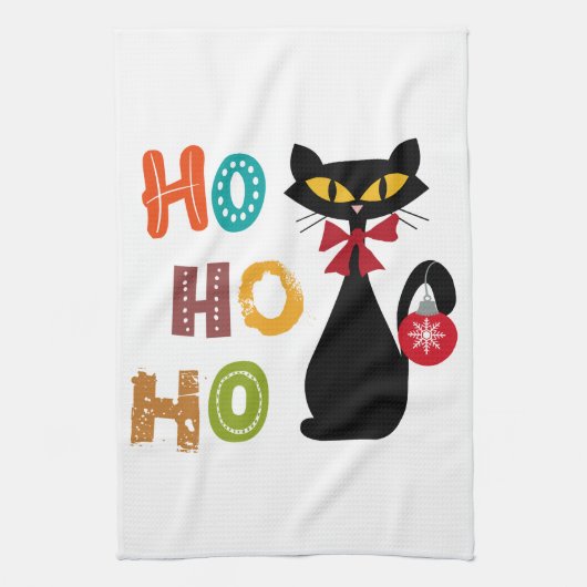 Zwarte kat met Ho Ho Ho-tekstontwerp Theedoek (Verticaal)