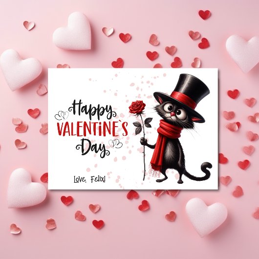 Zwarte kat met hoge hoed Happy Valentijnsdag Feestdagenkaart