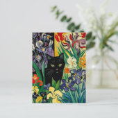 Zwarte Kat Met Irissen Briefkaart (Staand voorkant)