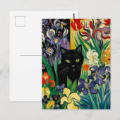 Zwarte Kat Met Irissen Briefkaart (Voorkant / Achterkant)