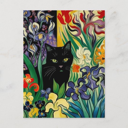 Zwarte Kat Met Irissen Briefkaart (Voorkant)