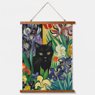 Zwarte kat met irissen hangend wandkleed