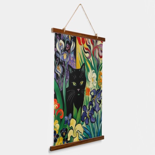 Zwarte kat met irissen hangend wandkleed (Gebogen)
