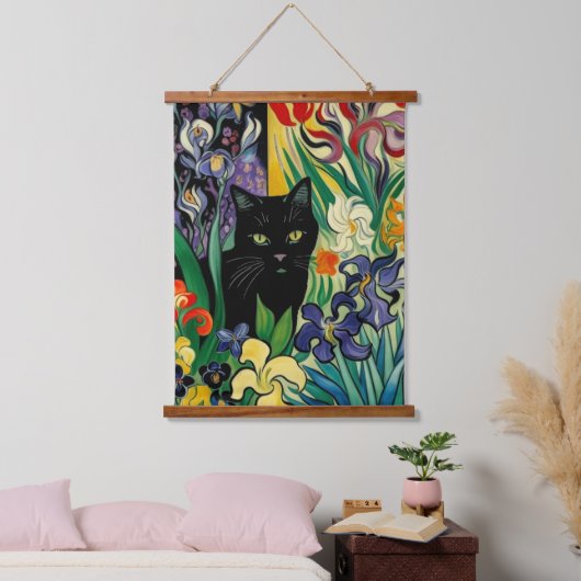 Zwarte kat met irissen hangend wandkleed (Slaapkamer)