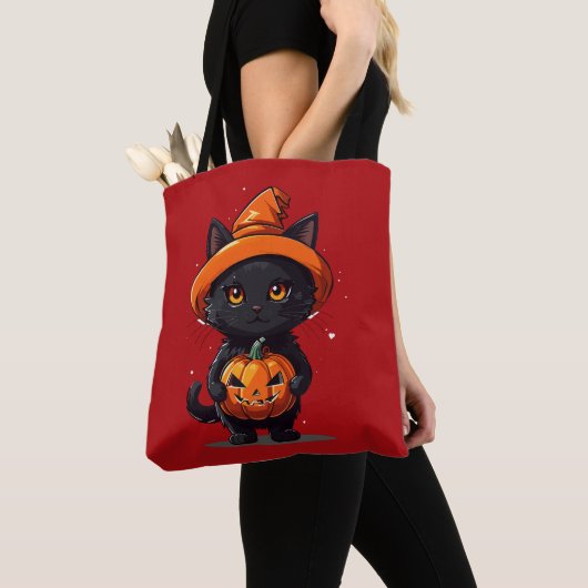 Zwarte kat met Jack-O' lantaarn Halloween Tote Bag (Dichtbij)